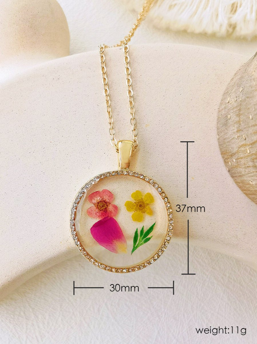 Gemini Forget Me Not Flower Resin Round Crystal Pendant Necklace