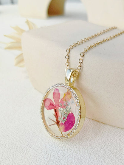 Dancing Orchid Flower Resin Round Crystal Pendant Necklace