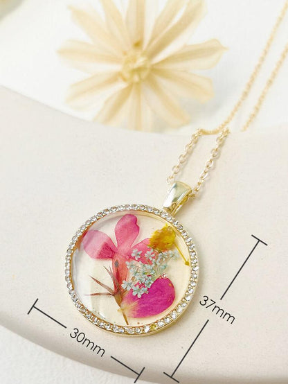 Dancing Orchid Flower Resin Round Crystal Pendant Necklace