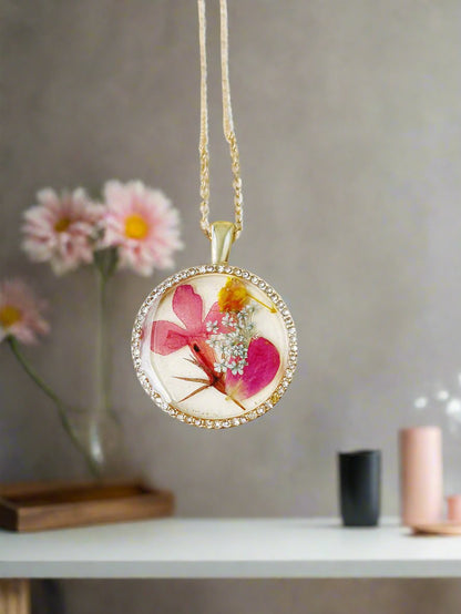 Dancing Orchid Flower Resin Round Crystal Pendant Necklace