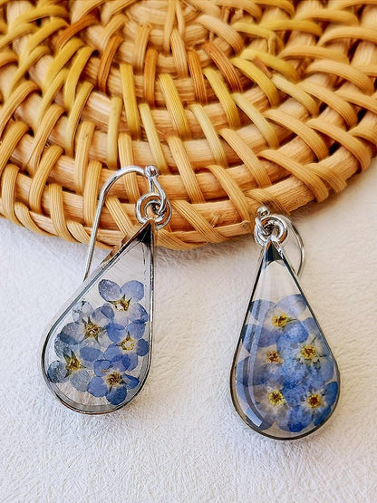 Pressed Flower Earrings -  Water Drop Forget Me Not Flower