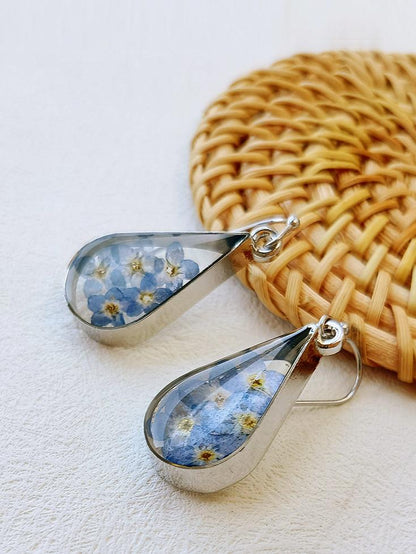 Pressed Flower Earrings -  Water Drop Forget Me Not Flower