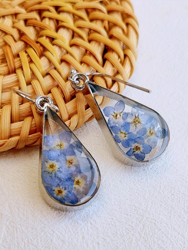 Pressed Flower Earrings -  Water Drop Forget Me Not Flower