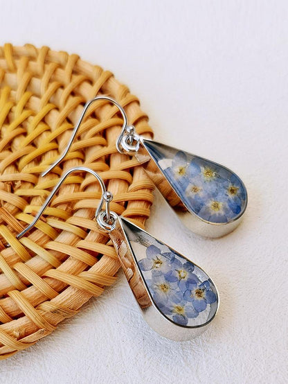 Pressed Flower Earrings -  Water Drop Forget Me Not Flower