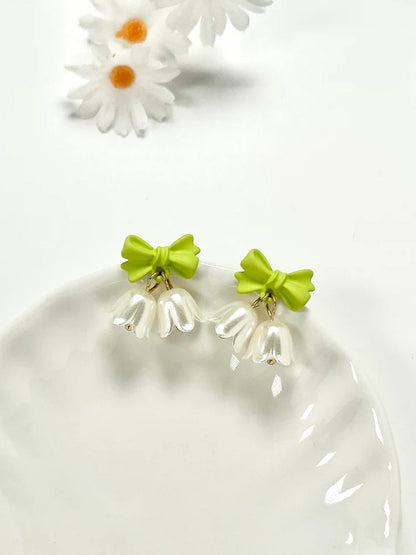 Cute Tassel Earrings - Tulips Bow White Fairy Flowers